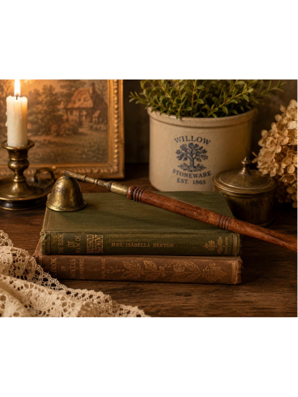 Vintage Brass Candle Snuffer with Turned Wood Handle, , Victorian Style
